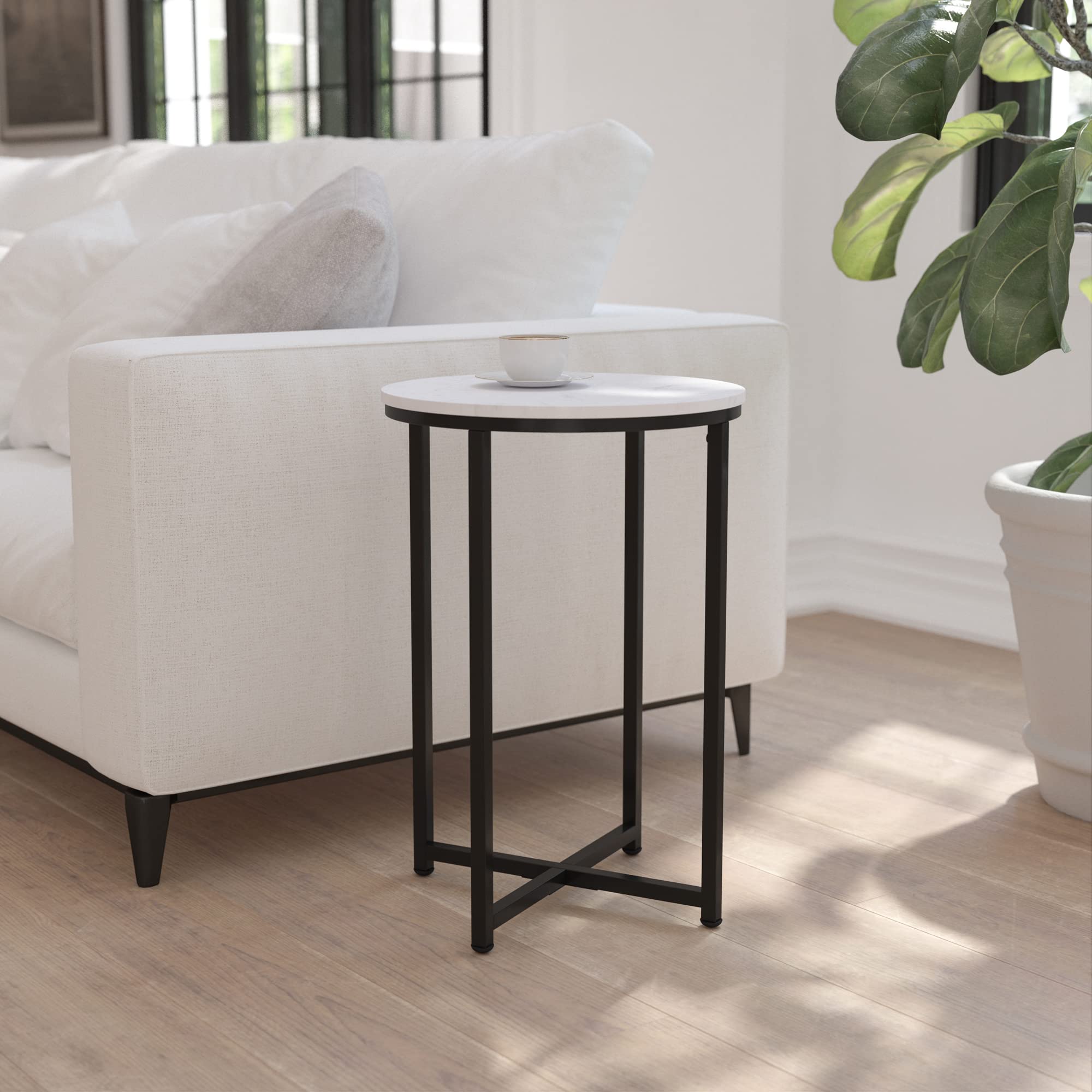 Flash Furniture Hampstead Collection End Table - Modern White Marble Finish End Table - Crisscross Matte Gold Frame